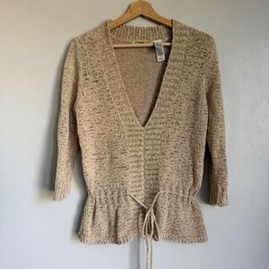 Y2K Stamp 10 Women's L Tan Knit V-Neck Peplum Sweater Beige Drawstring Waist